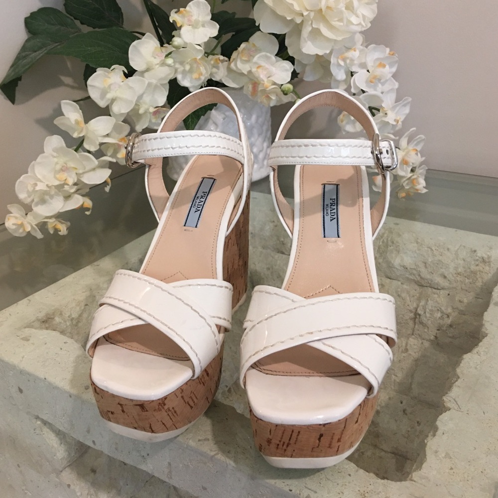 Authentic Preowned Prada wedge shoes in white patent leather Size 37.5